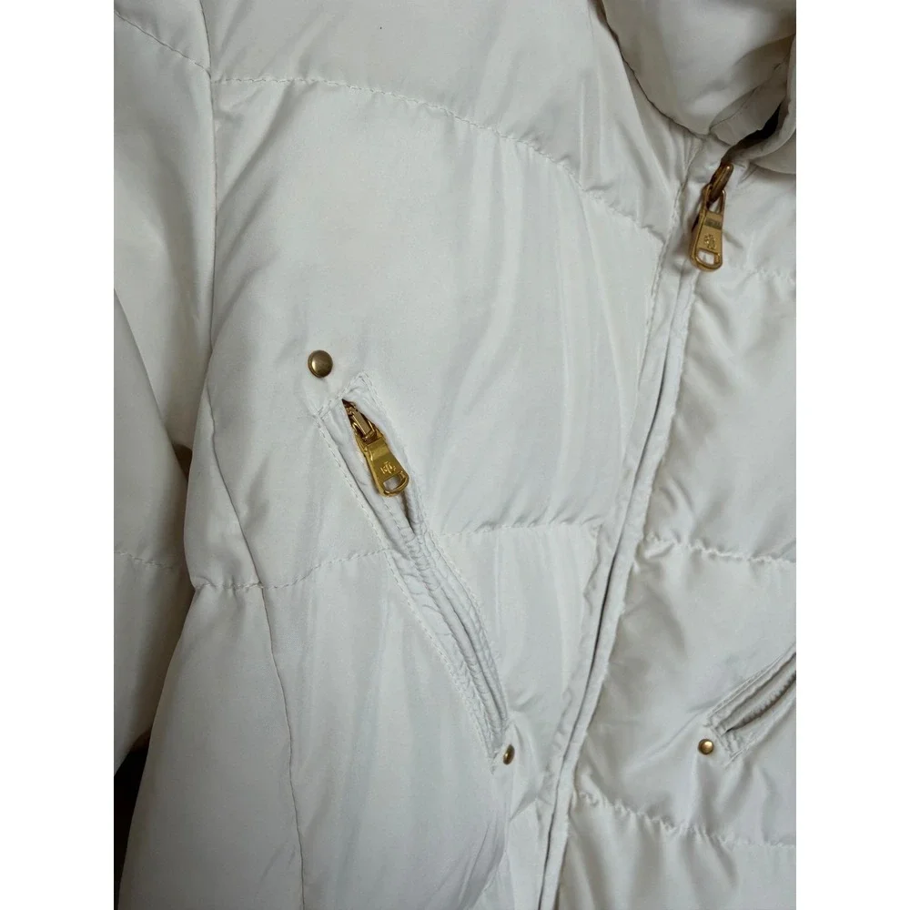Lauren Ralph Lauren Petite Ivory Down Puffer Jacket Belted Hooded PS S
